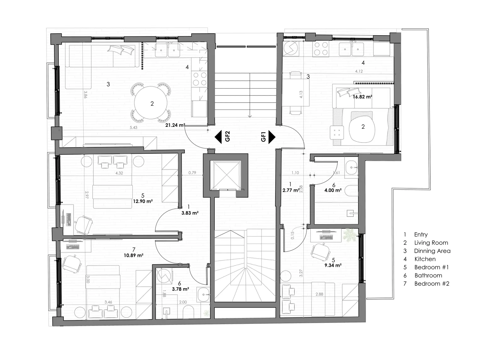 MVR 19概念设计底层带家具布置平面图:GF1 40.72 m²,GF2 60.82 m²
