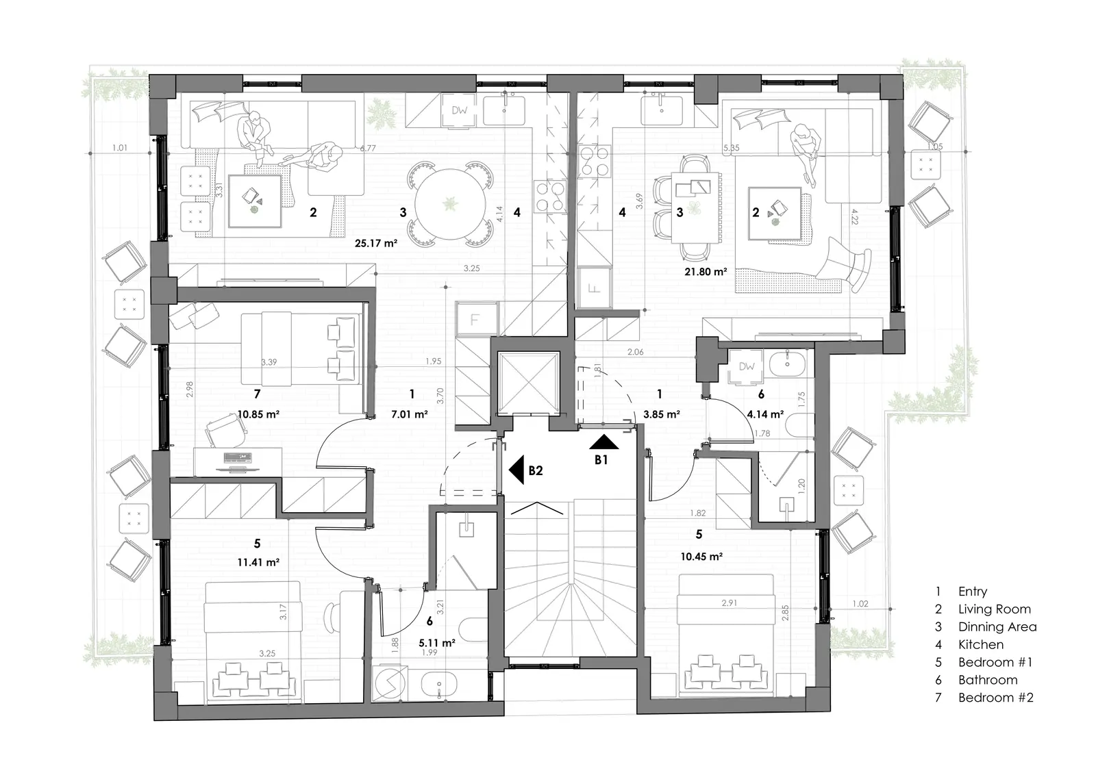 MVR 19概念设计三层带家具布置平面图:B1 47.99 m²,B2 70.03 m²
