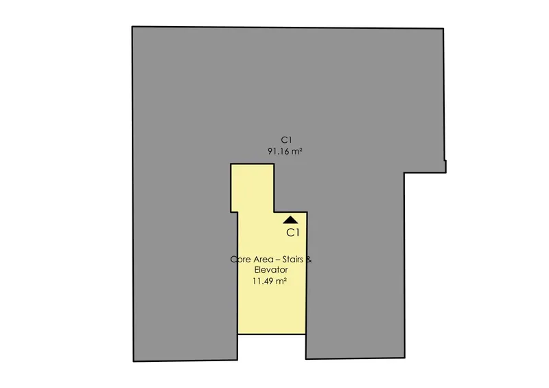 概念设计的四层面积索引:顶层公寓C1,91.16 m²,以及楼梯和电梯核心筒
