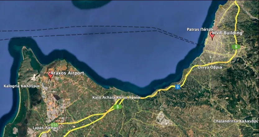 Satellite map: MVR 19 in Patras and Araxos Airport to the west