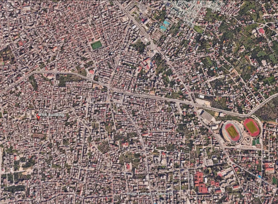 Satellite map of Patras: MVR 19, St Andrew General Hospital, the Pampeloponnisiako Stadium and the Koukouli university campus