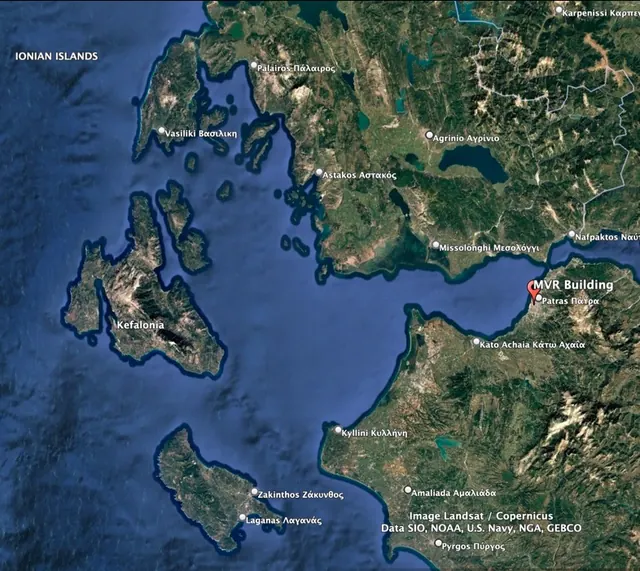 Satellite map: Patras and the Ionian islands of Kefalonia, Zakynthos and Lefkada
