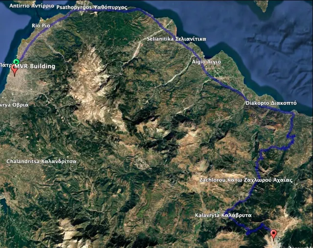 Satellite map: MVR 19 and the Kalavrita ski centre on Mount Helmos