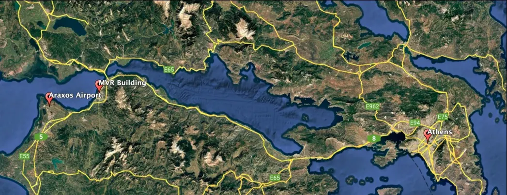 Satellite map: MVR 19 in Patras and the motorway route east to Athens