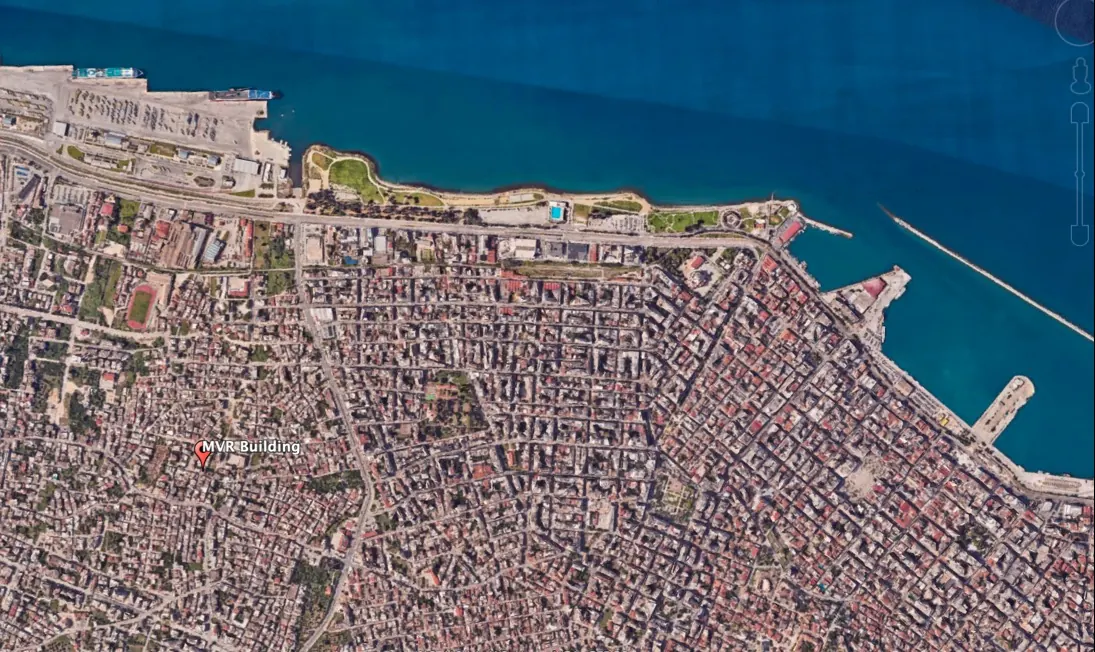 Satellite map of Patras showing MVR 19, the port, South Park and the town centre