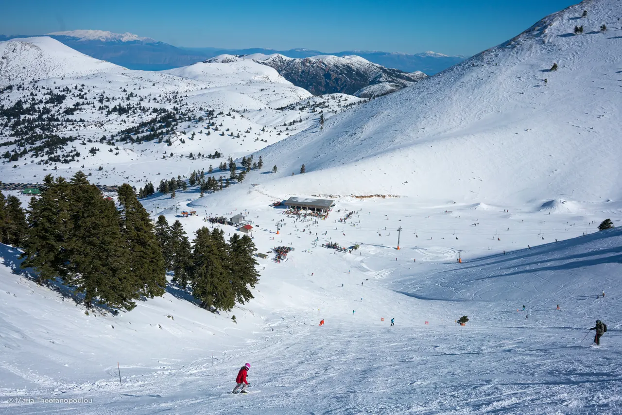 Skiers on the slopes of the Kalavrita ski centre, Mount Helmos