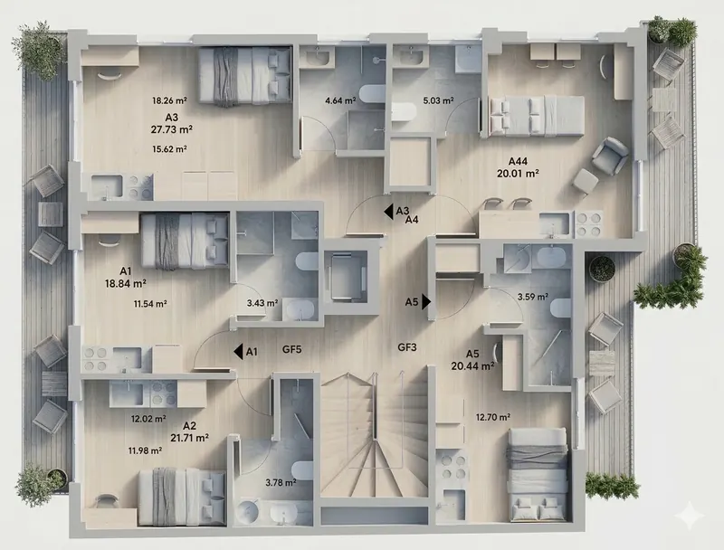 Furnished 3D floor plan of the MVR 19 first floor: apartments A1 to A5