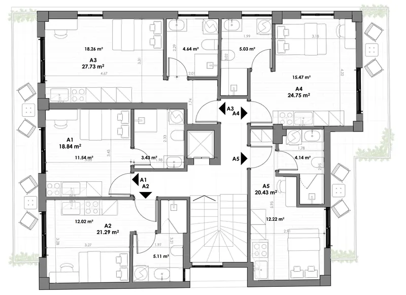 Architectural floor plan of the MVR 19 first floor: apartments A1 to A5