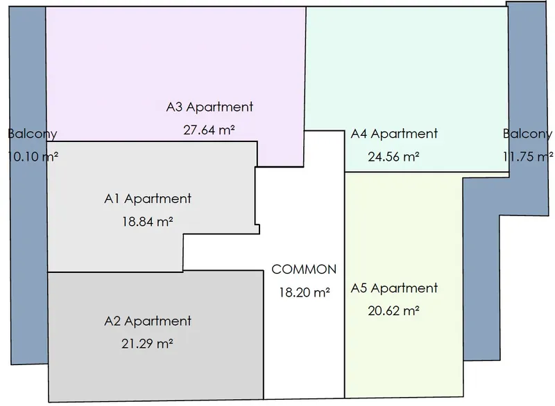 Area key of the MVR 19 first floor showing apartments A1 to A5 and balconies