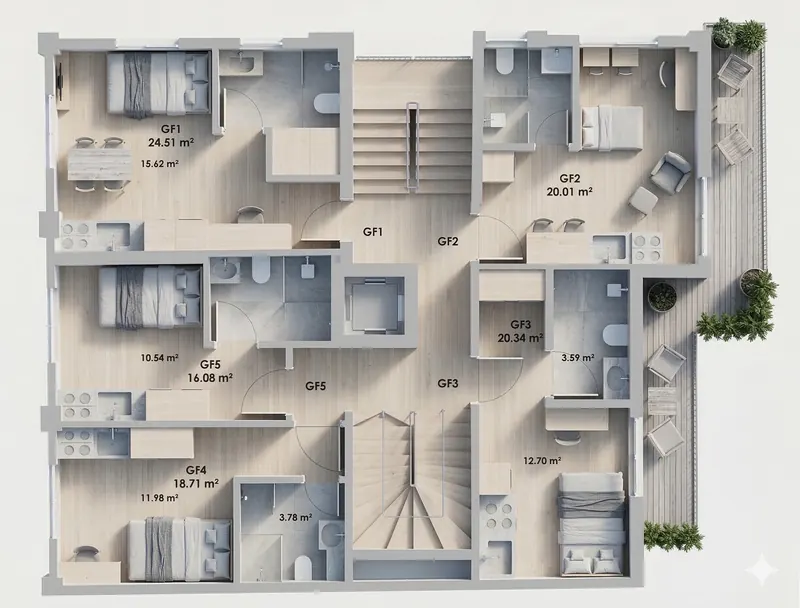 Furnished 3D floor plan of the MVR 19 ground floor: apartments GF1 to GF5