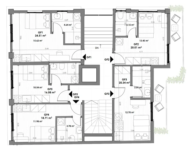 Architectural floor plan of the MVR 19 ground floor: apartments GF1 to GF5