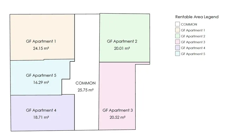 Area key of the MVR 19 ground floor showing the five apartments and common area