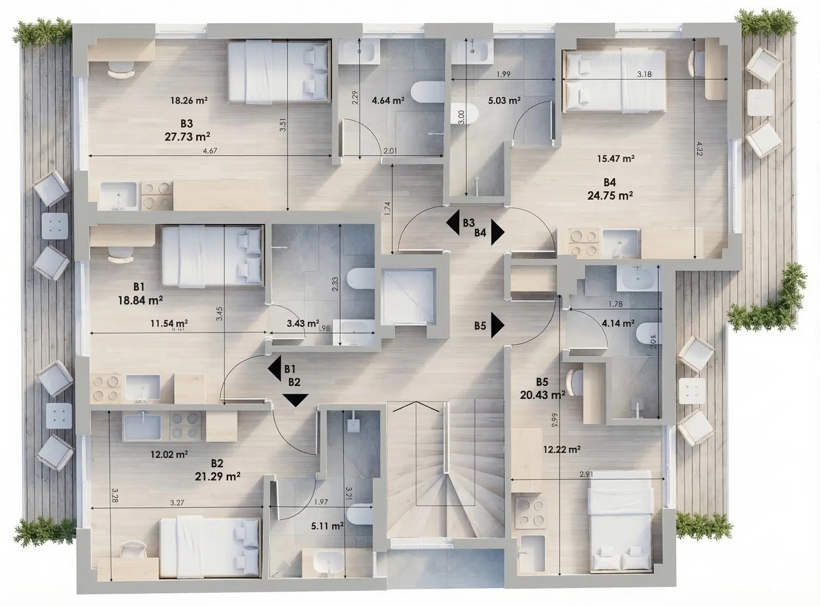 Furnished 3D floor plan of the MVR 19 second floor: apartments B1 to B5