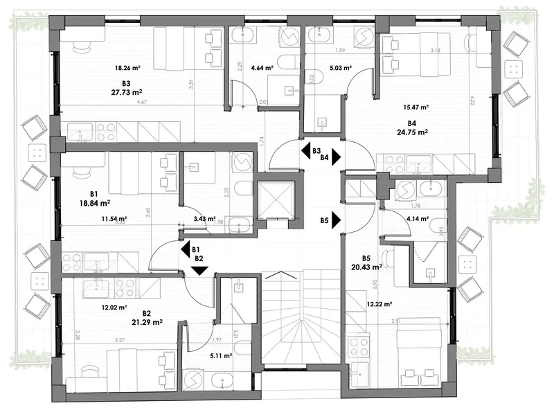 Architectural floor plan of the MVR 19 second floor: apartments B1 to B5