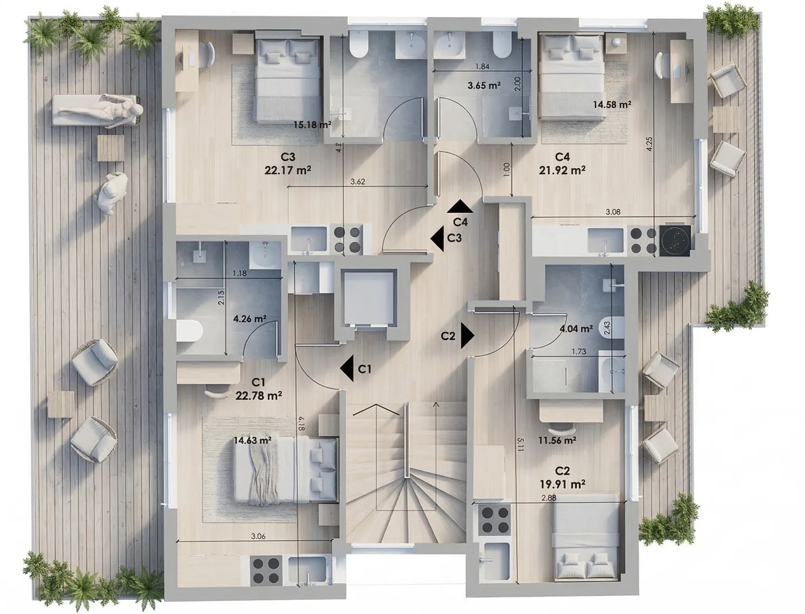 Furnished 3D floor plan of the MVR 19 third floor: apartments C1 to C4