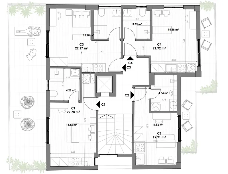 Architectural floor plan of the MVR 19 third floor: apartments C1 to C4