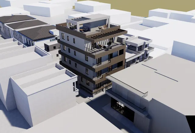 Concept render of MVR 19 from above, showing the four residential floors and the roof garden