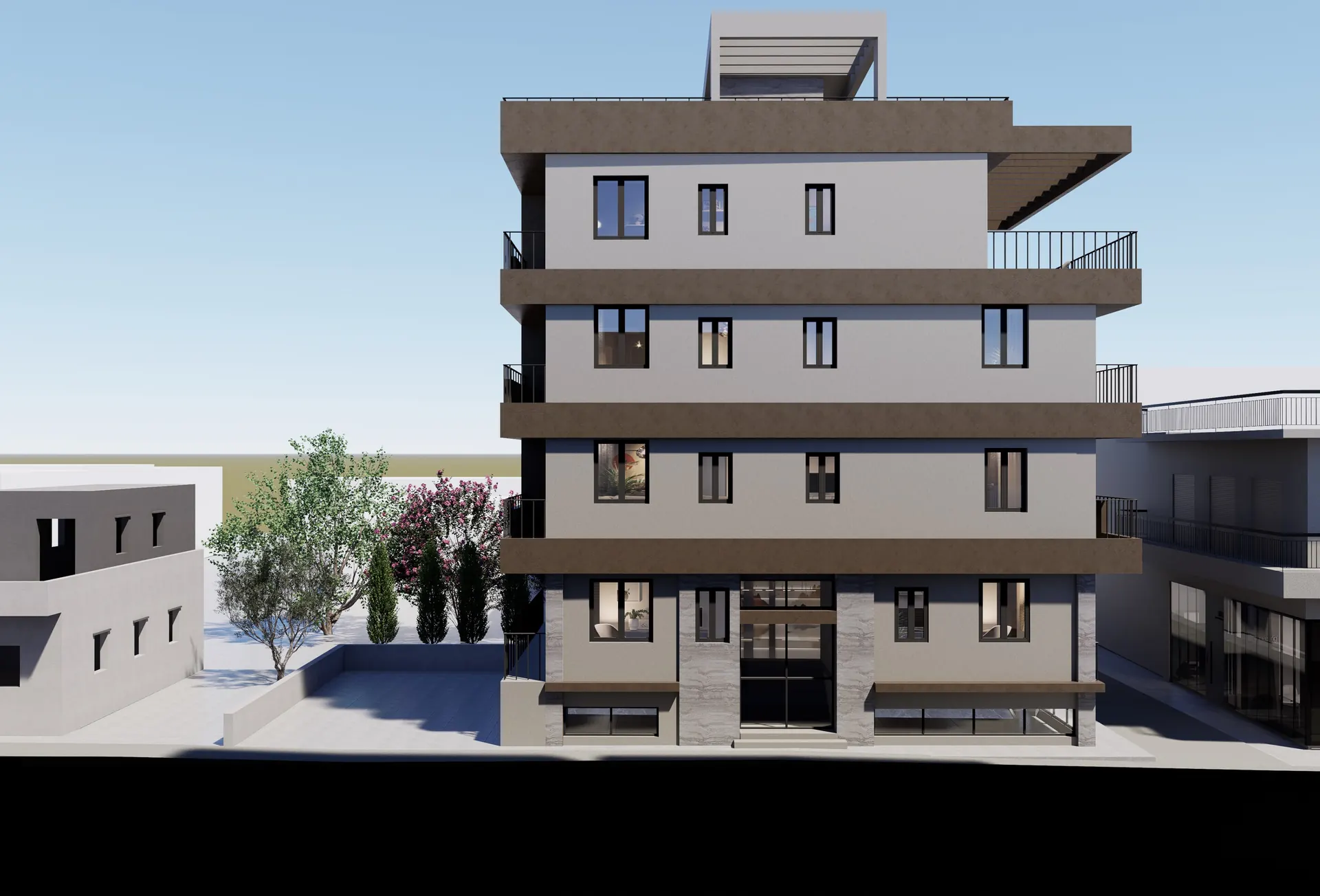Concept render of the renovated MVR 19 facade on Mavromataion Street, Patras, with bronze-framed balconies