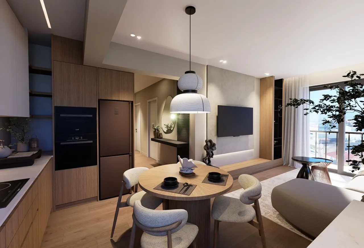 Concept render of a furnished MVR 19 studio with kitchenette, dining nook and living area