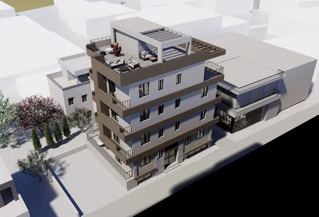 Aerial concept render of the MVR 19 roof garden with pergola and lounge